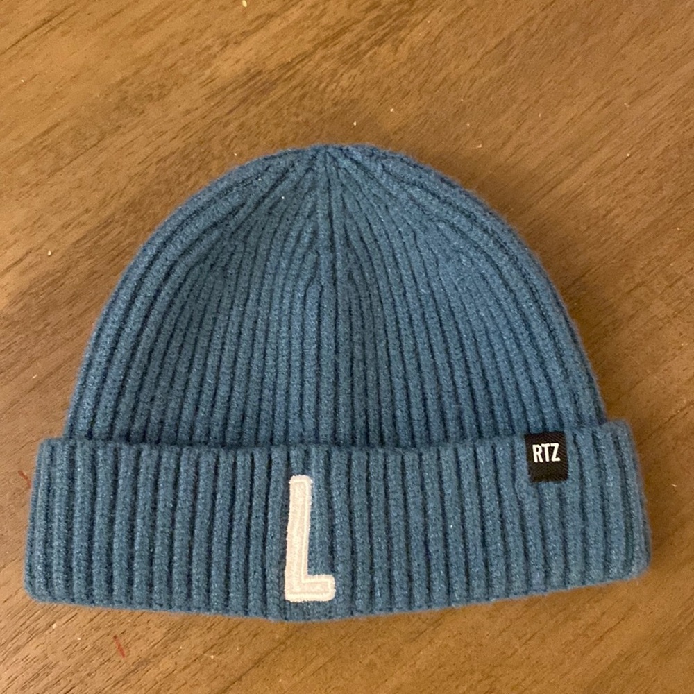 Pacific blue monogrammed letter “L” beanie- toddler sized